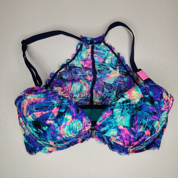 NWT PINK Victoria's Secret Date Racetrack Bra multi color 32DD front closure - Picture 1 of 8